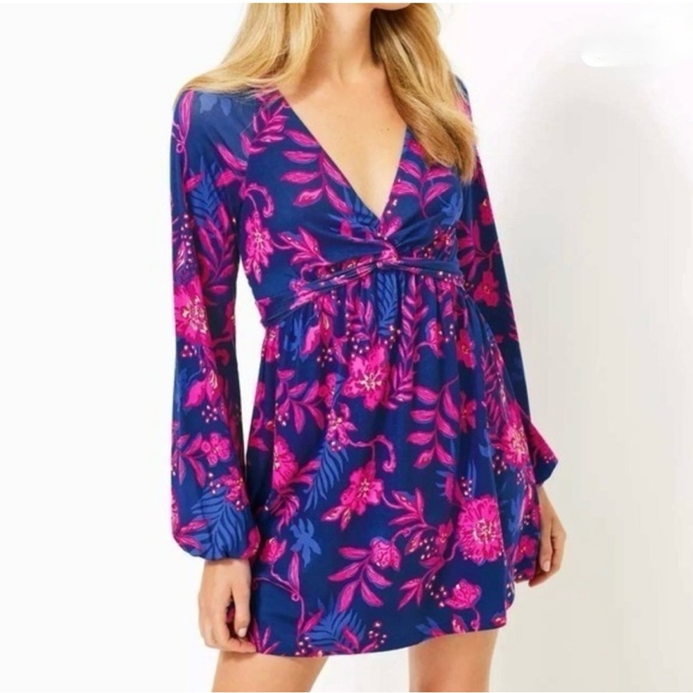 Lilly Pulitzer Lorelei Skirted Romper XS Blue Pink Floral Long Sleeve Vacation